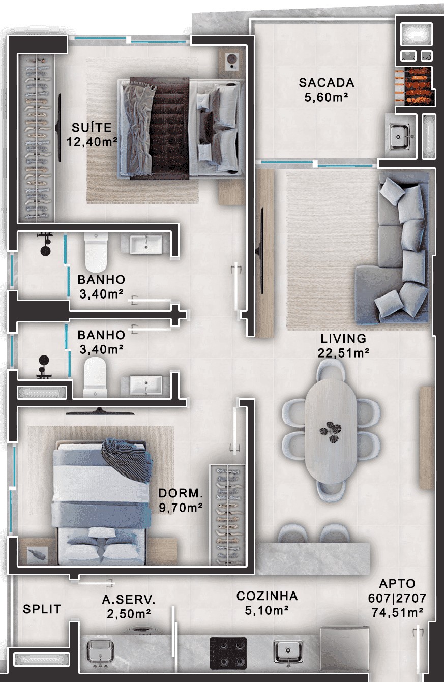 Planta 74,51 m²
